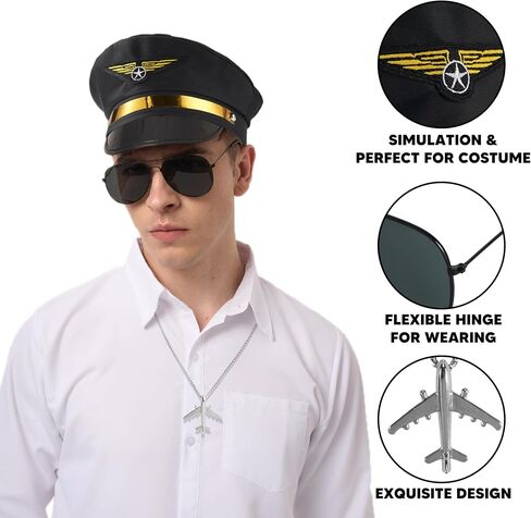Spooktacular Creations 3 Pcs Pilot Caption Accessory Set, Halloween Airplane Costume Accessory with Hat Necklace glasses for Men Women Captains Navy costume Halloween Dressing up Party in Saudi Arabia