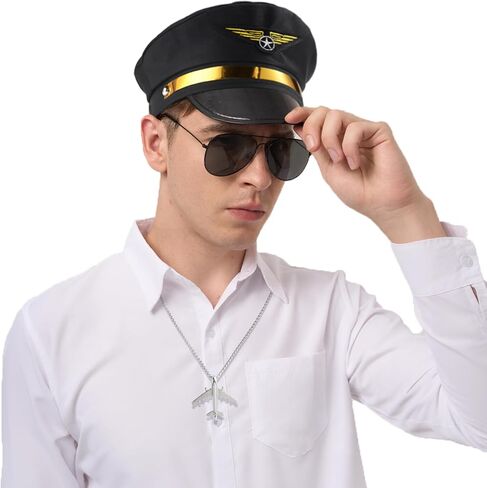 Spooktacular Creations 3 Pcs Pilot Caption Accessory Set, Halloween Airplane Costume Accessory with Hat Necklace glasses for Men Women Captains Navy costume Halloween Dressing up Party in Saudi Arabia