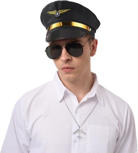 Spooktacular Creations 3 Pcs Pilot Caption Accessory Set, Halloween Airplane Costume Accessory with Hat Necklace glasses for Men Women Captains Navy costume Halloween Dressing up Party in Saudi Arabia