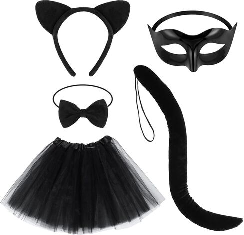 Beaupretty Black Cat Costume for Women, Cat Costume Accessories Cat Ear Headband Tail Cosplay Tutu Skirt Bow Tie Half Mask Black Animal Halloween Accessory Kit for Women Girls in Saudi Arabia