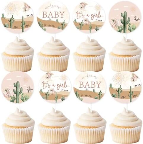 24Pcs Desert Baby Shower Cupcake Topper for Girl Desert Boho Cactus Cake Decorations It's A Girl Baby Showers Decorations Nature Themed Desert Adventure Awaits Baby Shower Party Supplies in Kuwait