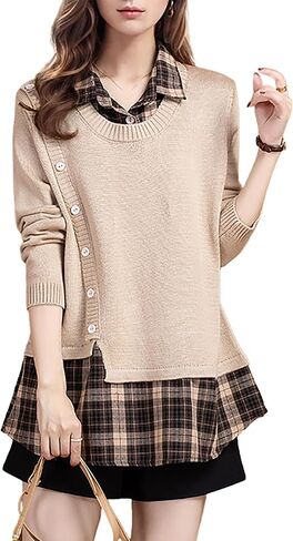 LAI MENG FIVE CATS Womens Knit Long Sleeve Collar Plaid Contrast Patchwork Casual Fall Tunic Blouse in Saudi Arabia