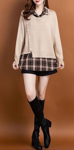 LAI MENG FIVE CATS Womens Knit Long Sleeve Collar Plaid Contrast Patchwork Casual Fall Tunic Blouse in Saudi Arabia