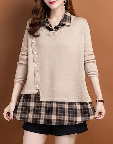 LAI MENG FIVE CATS Womens Knit Long Sleeve Collar Plaid Contrast Patchwork Casual Fall Tunic Blouse in Saudi Arabia