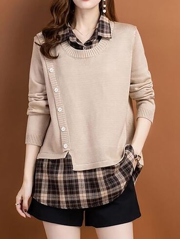 LAI MENG FIVE CATS Womens Knit Long Sleeve Collar Plaid Contrast Patchwork Casual Fall Tunic Blouse in Saudi Arabia