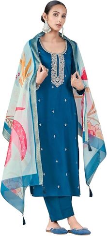 طقم كورتا وبنطلون هندي مطرز بالحرير العرقي للنساء من DREAMANGEL FASHION مع وشاح in Kuwait