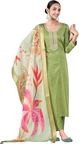 DREAMANGEL FASHION Women's Ethnic Silk Embroidered Indian Kurta and Pant Set with Dupatta in Kuwait