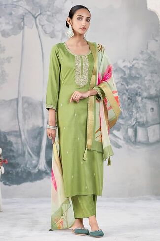 DREAMANGEL FASHION Women's Ethnic Silk Embroidered Indian Kurta and Pant Set with Dupatta in Kuwait