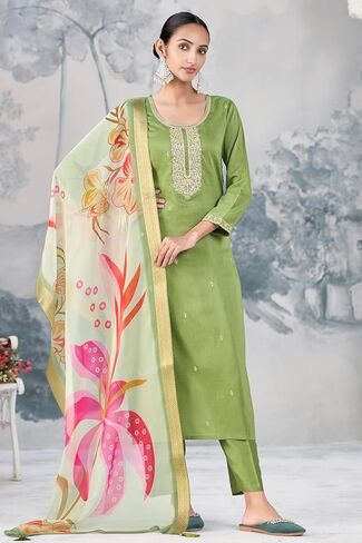 DREAMANGEL FASHION Women's Ethnic Silk Embroidered Indian Kurta and Pant Set with Dupatta in Kuwait