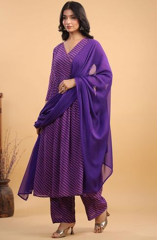 مجموعة ملابس كاجوال كورتا مطبوعة بخطوط أرجوانية للنساء من Janasya Indian in Saudi Arabia