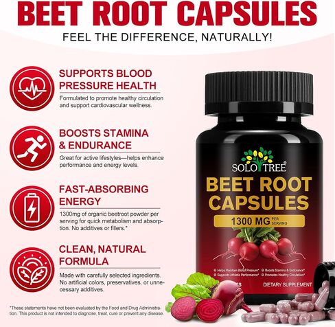 Beet Root Capsules, Beet Root Powder Supplement 60 Capsules, Beetroot Powder Supports Blood Pressure, Athletic Performance, Non-GMO & Gluten Free in Saudi Arabia