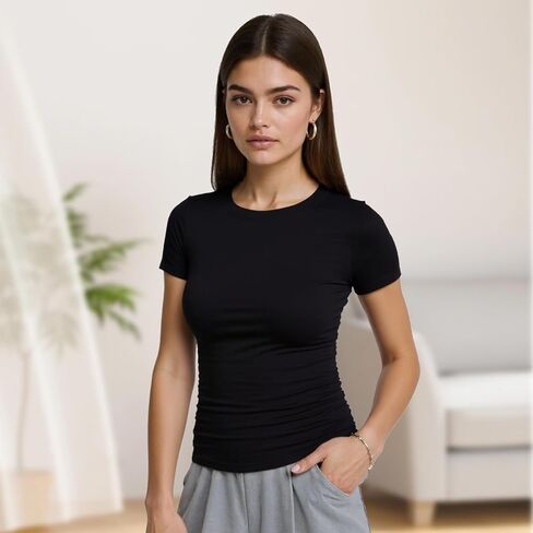 Women's Fitted Yoga Top Slim Fit Short Sleeve Athletic T-Shirt for Gym Workout and Casual Activewear in Saudi Arabia