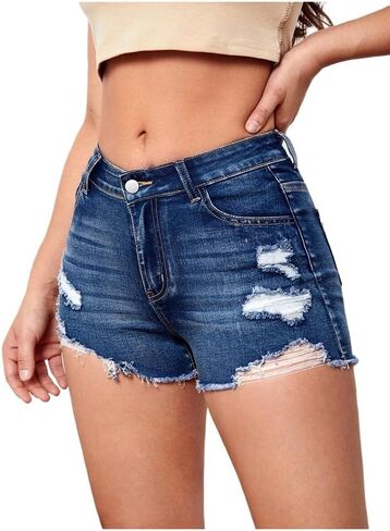 Womens Jean Shorts Summer Mid Waisted Skinny Stretchy Denim Shorts Ripped Casual Distressed Short Jeans in Kuwait