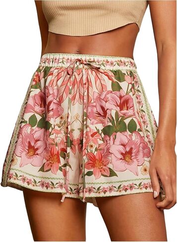Women's Boho Floral Print Shorts Drawstring High Waisted Wide Leg Beach Vacation Shorts in Saudi Arabia
