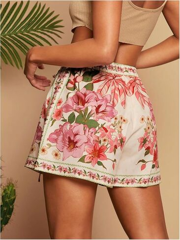 Women's Boho Floral Print Shorts Drawstring High Waisted Wide Leg Beach Vacation Shorts in Saudi Arabia