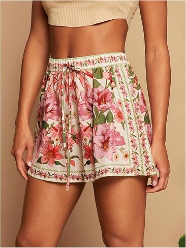 Women's Boho Floral Print Shorts Drawstring High Waisted Wide Leg Beach Vacation Shorts in Saudi Arabia