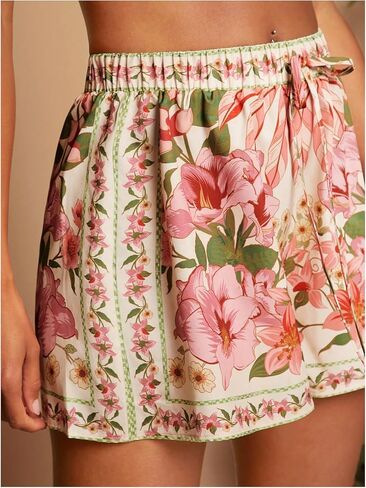 Women's Boho Floral Print Shorts Drawstring High Waisted Wide Leg Beach Vacation Shorts in Saudi Arabia