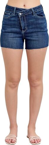 Judy Blue Women's High-Rise Criss Cross Waistband Raw Hem Denim Shorts in Saudi Arabia