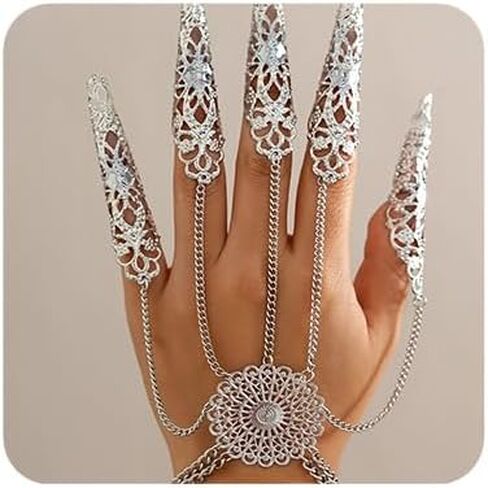 Jumwrit Finger Nail Tip Claw Bracelet Ancient Queen Halloween Cosplay Indian Egyptian Belly Dance Bracelet Vintage Hollow Flower Coin Tassel Hand Chain Accessories for Women in Saudi Arabia