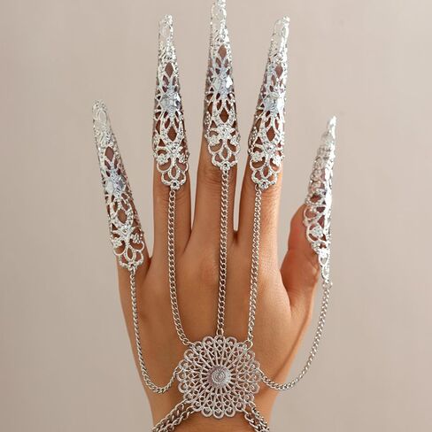 Jumwrit Finger Nail Tip Claw Bracelet Ancient Queen Halloween Cosplay Indian Egyptian Belly Dance Bracelet Vintage Hollow Flower Coin Tassel Hand Chain Accessories for Women in Saudi Arabia
