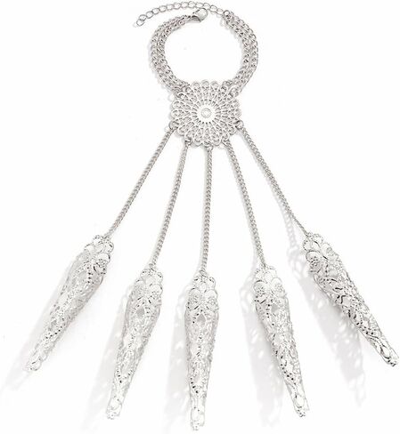 Jumwrit Finger Nail Tip Claw Bracelet Ancient Queen Halloween Cosplay Indian Egyptian Belly Dance Bracelet Vintage Hollow Flower Coin Tassel Hand Chain Accessories for Women in Saudi Arabia
