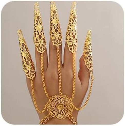 Jumwrit Finger Nail Tip Claw Bracelet Ancient Queen Halloween Cosplay Indian Egyptian Belly Dance Bracelet Vintage Hollow Flower Coin Tassel Hand Chain Accessories for Women in Saudi Arabia