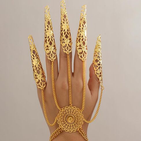 Jumwrit Finger Nail Tip Claw Bracelet Ancient Queen Halloween Cosplay Indian Egyptian Belly Dance Bracelet Vintage Hollow Flower Coin Tassel Hand Chain Accessories for Women in Saudi Arabia