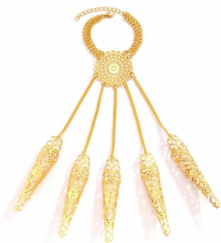 Jumwrit Finger Nail Tip Claw Bracelet Ancient Queen Halloween Cosplay Indian Egyptian Belly Dance Bracelet Vintage Hollow Flower Coin Tassel Hand Chain Accessories for Women in Saudi Arabia