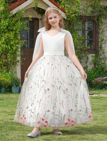 Flower Girl Dress Sleeveless Satin Princess Dress for Birthday Wedding Party Formal Pageant Dresses for Girls in Kuwait