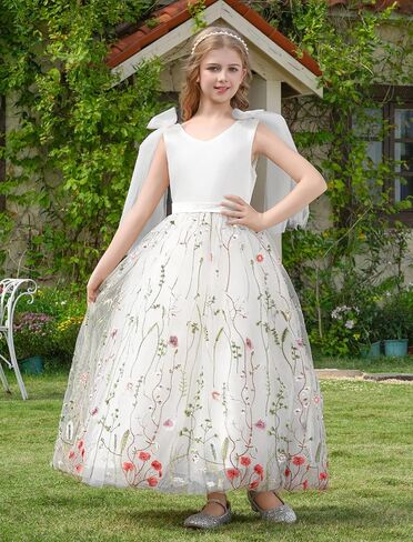 Flower Girl Dress Sleeveless Satin Princess Dress for Birthday Wedding Party Formal Pageant Dresses for Girls in Kuwait