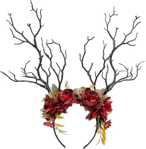 MOSTORY Dark Flower Branch Headband - Floral Antler Headpiece for Woodland Renaissance Accessories Women, Forest Fairy Headband for Renfaire Tree Costume Fairycore Cosplay Fairytale in Kuwait