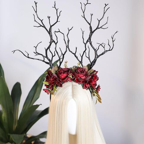 MOSTORY Dark Flower Branch Headband - Floral Antler Headpiece for Woodland Renaissance Accessories Women, Forest Fairy Headband for Renfaire Tree Costume Fairycore Cosplay Fairytale in Kuwait