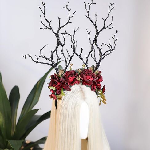 MOSTORY Dark Flower Branch Headband - Floral Antler Headpiece for Woodland Renaissance Accessories Women, Forest Fairy Headband for Renfaire Tree Costume Fairycore Cosplay Fairytale in Kuwait