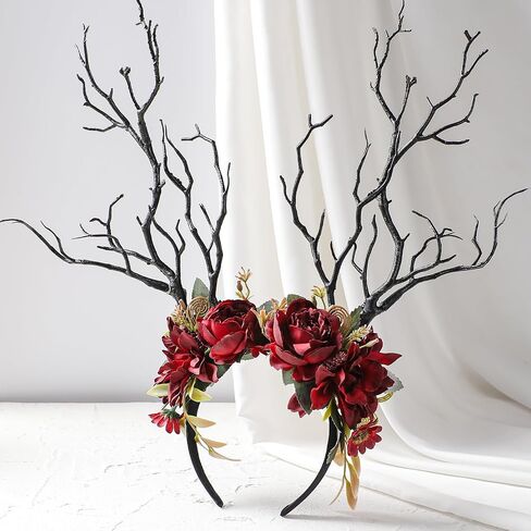 MOSTORY Dark Flower Branch Headband - Floral Antler Headpiece for Woodland Renaissance Accessories Women, Forest Fairy Headband for Renfaire Tree Costume Fairycore Cosplay Fairytale in Kuwait
