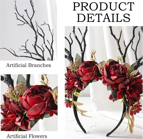 MOSTORY Dark Flower Branch Headband - Floral Antler Headpiece for Woodland Renaissance Accessories Women, Forest Fairy Headband for Renfaire Tree Costume Fairycore Cosplay Fairytale in Kuwait