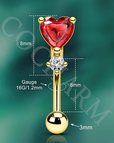 COCHARM Red Heart Rook Earrings, 16G Rook Eyebrow Jewelry, Stainless Steel Vertical labret stud in Saudi Arabia
