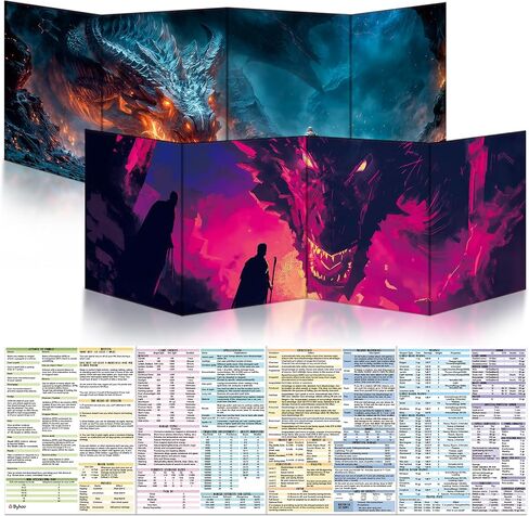 Byhoo 2 PCS DM Screen for D&D 5E with 2 Immersive Themes，Waterproof Reusable Surface, Tri-Fold Portable Design Folds to A4 Size DND Accessories Compatible with Players Handbook in Kuwait