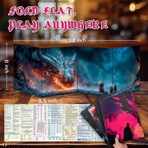 Byhoo 2 PCS DM Screen for D&D 5E with 2 Immersive Themes，Waterproof Reusable Surface, Tri-Fold Portable Design Folds to A4 Size DND Accessories Compatible with Players Handbook in Kuwait