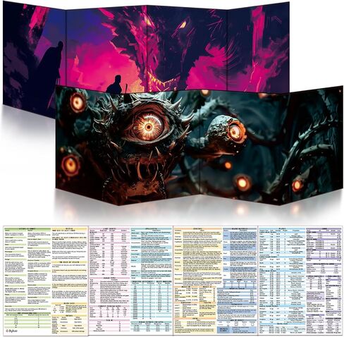 Byhoo 2 PCS DM Screen for D&D 5E with 2 Immersive Themes，Waterproof Reusable Surface, Tri-Fold Portable Design Folds to A4 Size DND Accessories Compatible with Players Handbook in Kuwait