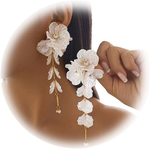 1Pair Vintage Big Flower Long Tassel Drop Earrings Summer Boho Flower Piercing Earrings Bridal Wedding Crystal Shell Drop Earrings Statement Flower Stud Jewelry for Women in Kuwait