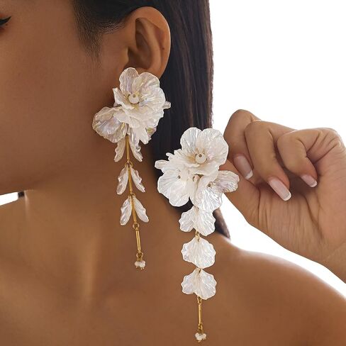 1Pair Vintage Big Flower Long Tassel Drop Earrings Summer Boho Flower Piercing Earrings Bridal Wedding Crystal Shell Drop Earrings Statement Flower Stud Jewelry for Women in Kuwait
