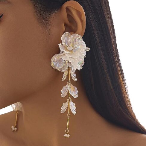 1Pair Vintage Big Flower Long Tassel Drop Earrings Summer Boho Flower Piercing Earrings Bridal Wedding Crystal Shell Drop Earrings Statement Flower Stud Jewelry for Women in Kuwait
