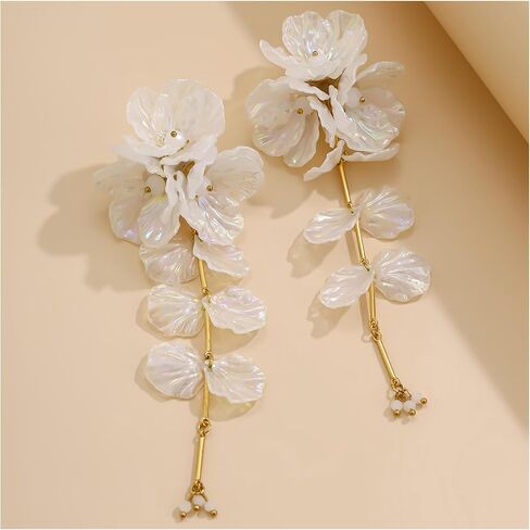 1Pair Vintage Big Flower Long Tassel Drop Earrings Summer Boho Flower Piercing Earrings Bridal Wedding Crystal Shell Drop Earrings Statement Flower Stud Jewelry for Women in Kuwait