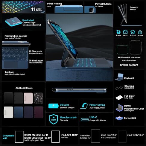حافظة لوحة مفاتيح typecase لجهاز iPad Pro 13 بوصة (M4) 2024، لوحة مفاتيح سحرية مع إضاءة خلفية 11 لونًا لجهاز iPad Pro 13، حافظة لوحة مفاتيح مع حامل أقلام رصاص، لوحة تتبع متعددة اللمس، حامل مغناطيسي سهل الضبط، أرجواني فاتح in Kuwait