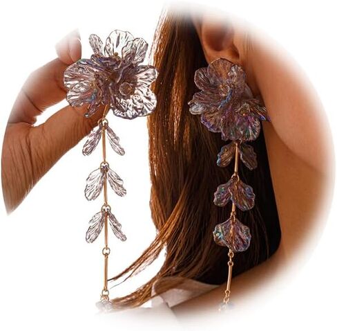 1Pair Vintage Big Flower Long Tassel Drop Earrings Summer Boho Flower Piercing Earrings Bridal Wedding Crystal Shell Drop Earrings Statement Flower Stud Jewelry for Women in Kuwait