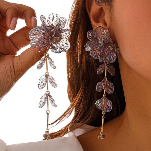 1Pair Vintage Big Flower Long Tassel Drop Earrings Summer Boho Flower Piercing Earrings Bridal Wedding Crystal Shell Drop Earrings Statement Flower Stud Jewelry for Women in Kuwait
