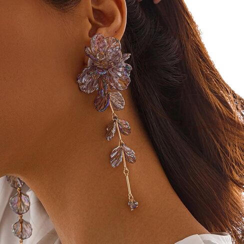 1Pair Vintage Big Flower Long Tassel Drop Earrings Summer Boho Flower Piercing Earrings Bridal Wedding Crystal Shell Drop Earrings Statement Flower Stud Jewelry for Women in Kuwait