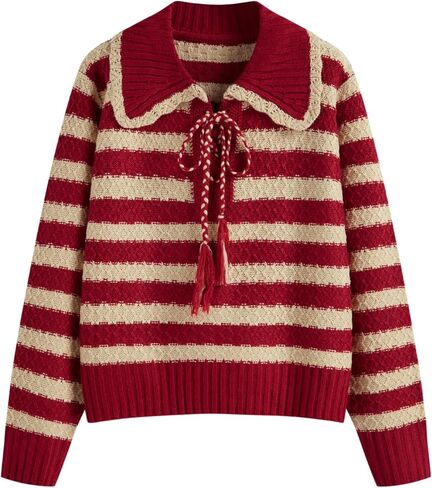 CIDER Striped Sweaters for Women Collar Knit Long Sleeve Knotted Loose Fit Pullover Winter Sweater Fall Tops in Saudi Arabia