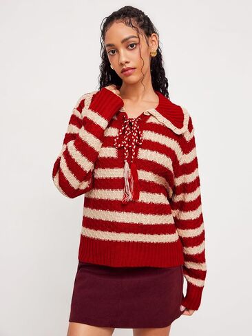CIDER Striped Sweaters for Women Collar Knit Long Sleeve Knotted Loose Fit Pullover Winter Sweater Fall Tops in Saudi Arabia