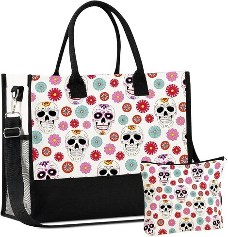 InnoBeta Sugar Skull Gifts Canvas Tote Bag with Top Zipper Closure and Shoulder Strap for Birthday, Mother's Day, Christmas in Saudi Arabia